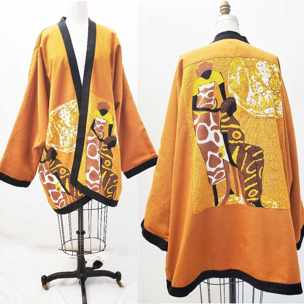 Ashro Mustard Gold Black Patchwork Kimono Coat